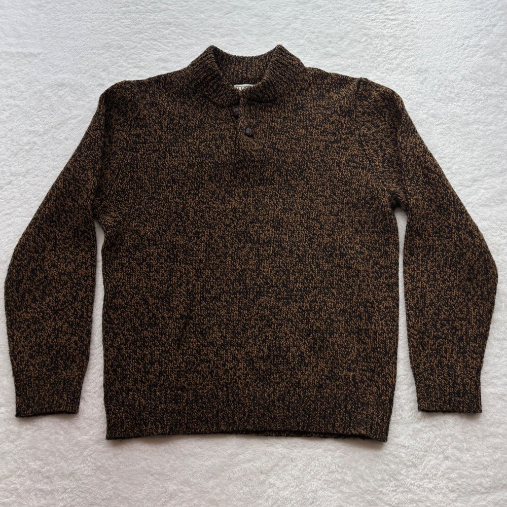 LL Bean Mens Lambswool Mock Neck Henley Sweater Brown Black Marled M-REG 285174